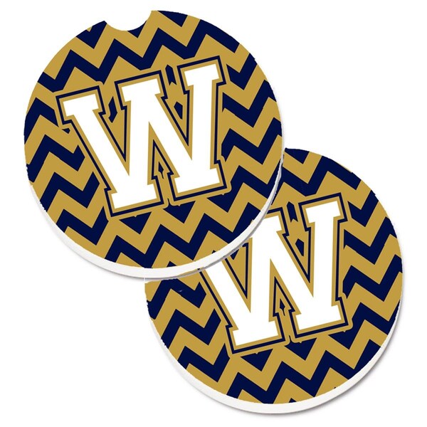 Carolines Treasures Letter W Chevron Navy Blue and Gold Set of 2 Cup Holder Car Coaster CJ1057-WCARC - main